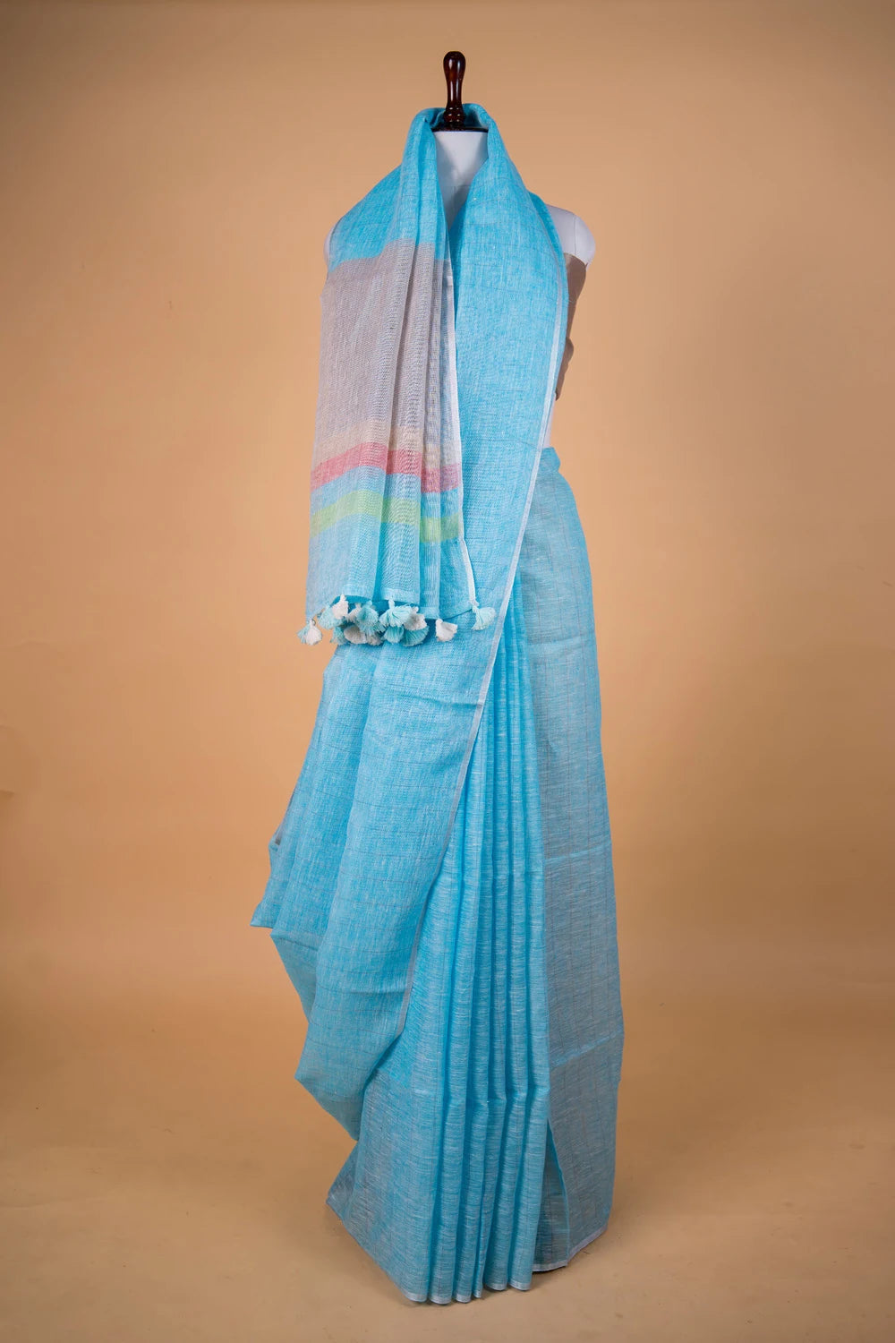 Sky Blue Striped Pure Linen Saree