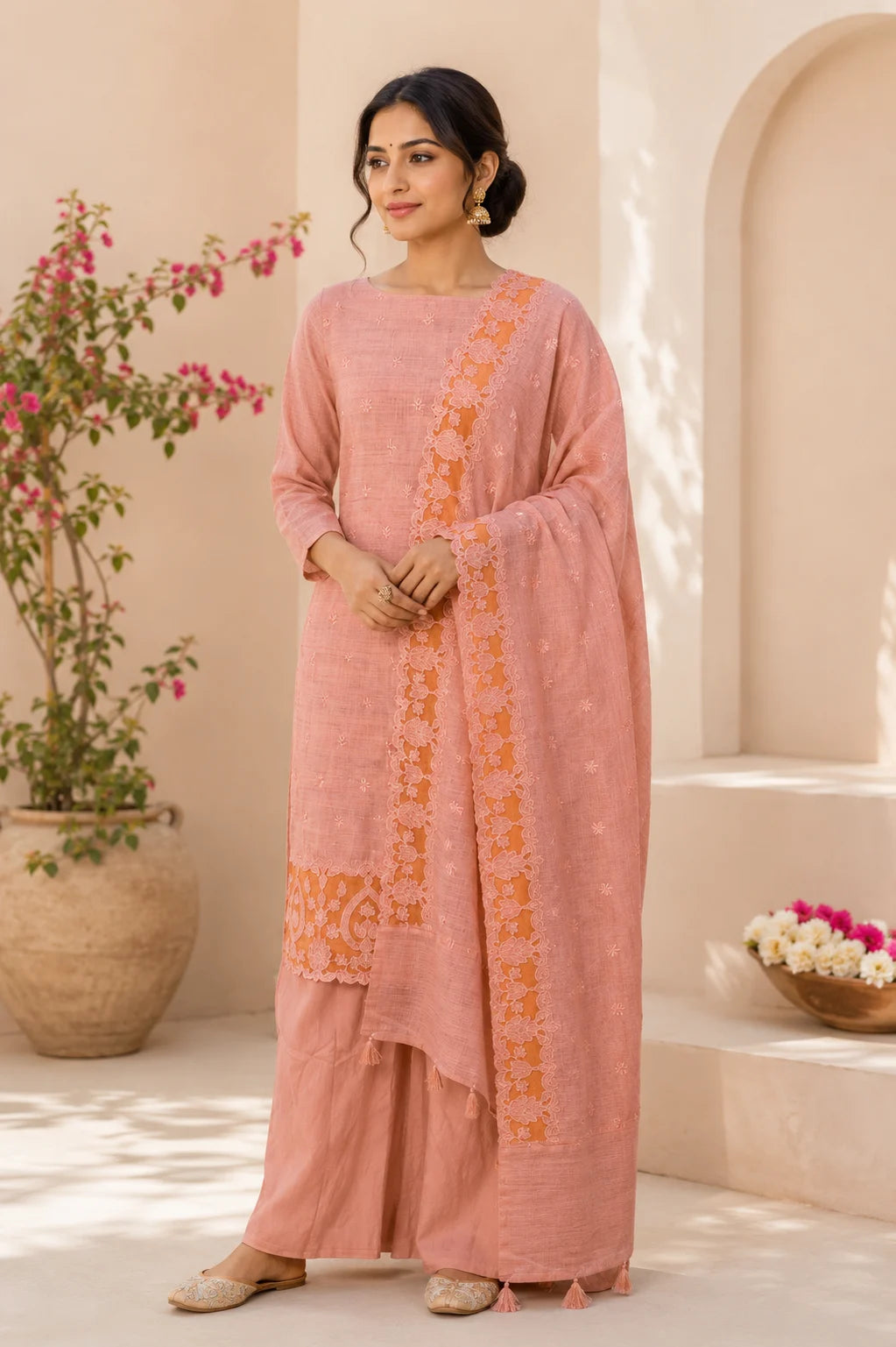Peach Cut Work Matka Linen Suit