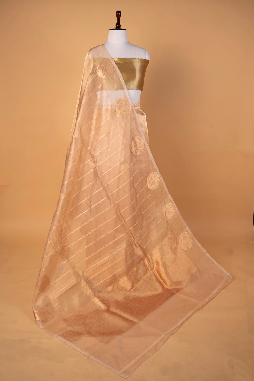 Beige Striped Handloom Tissue Silk Saree