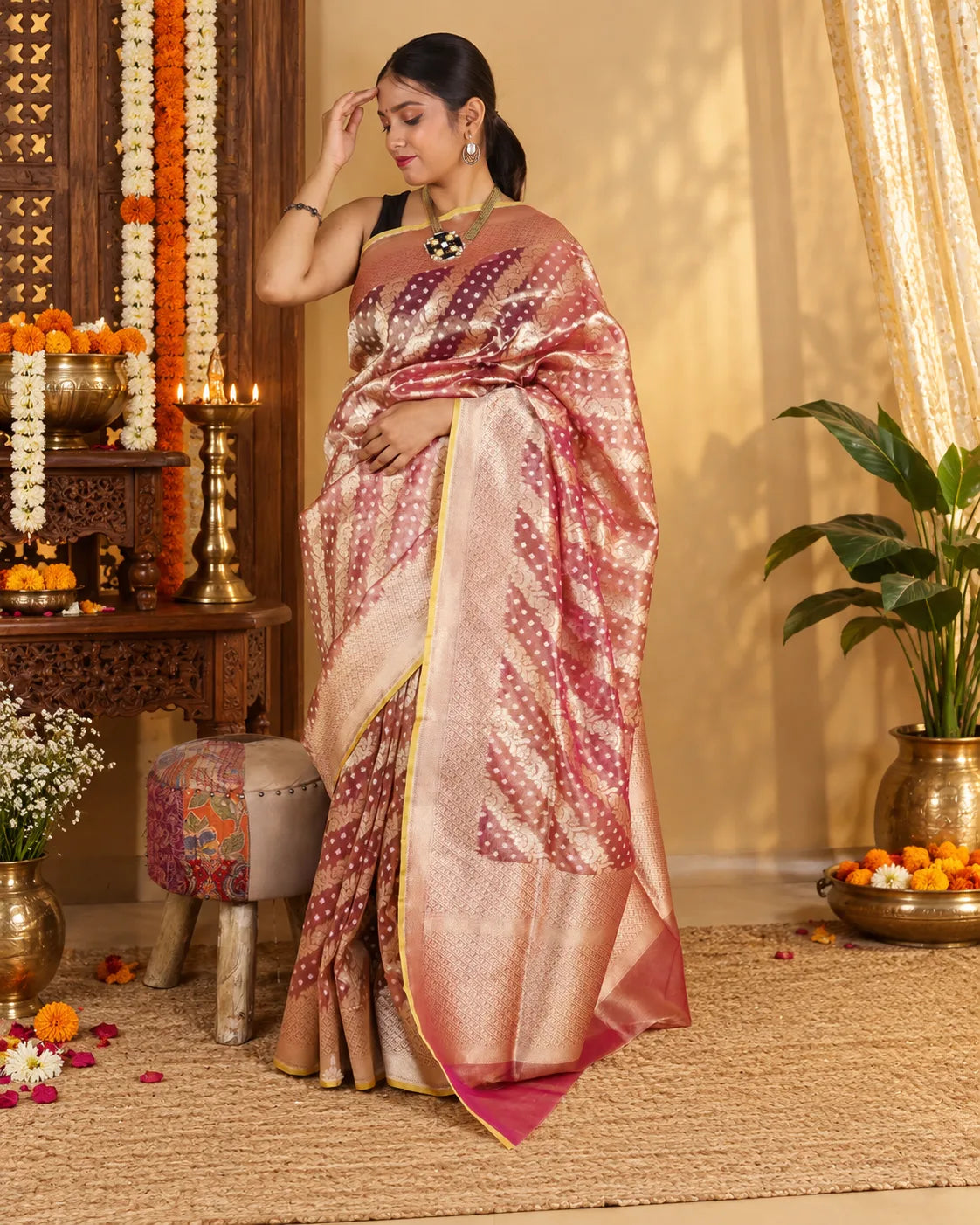 Golden Metallic Purple Tissue Banarasi Silk Saree