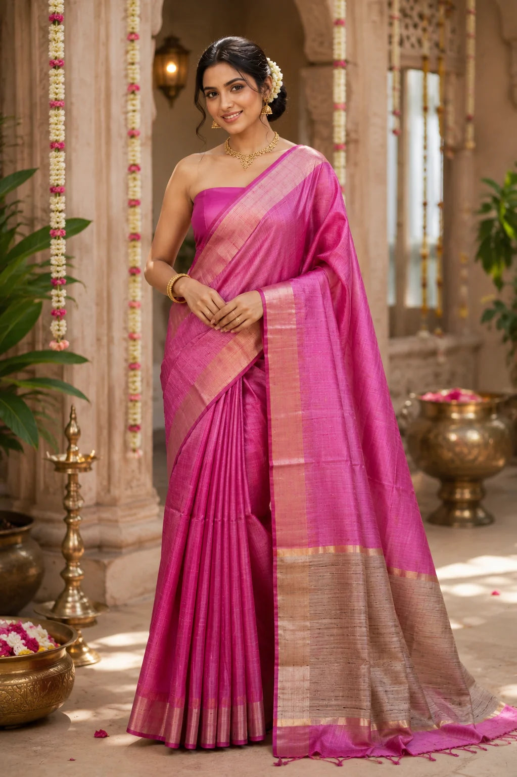 Baby Pink Handloom Raw Silk Saree