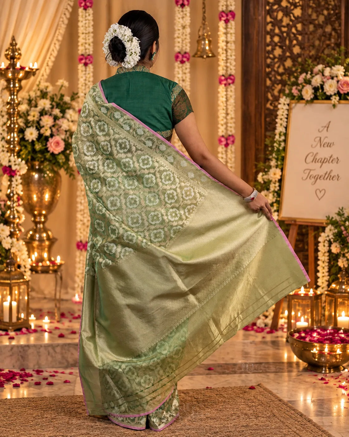 Metallic Liril Green Handwoven Tissue Banarasi Silk Saree