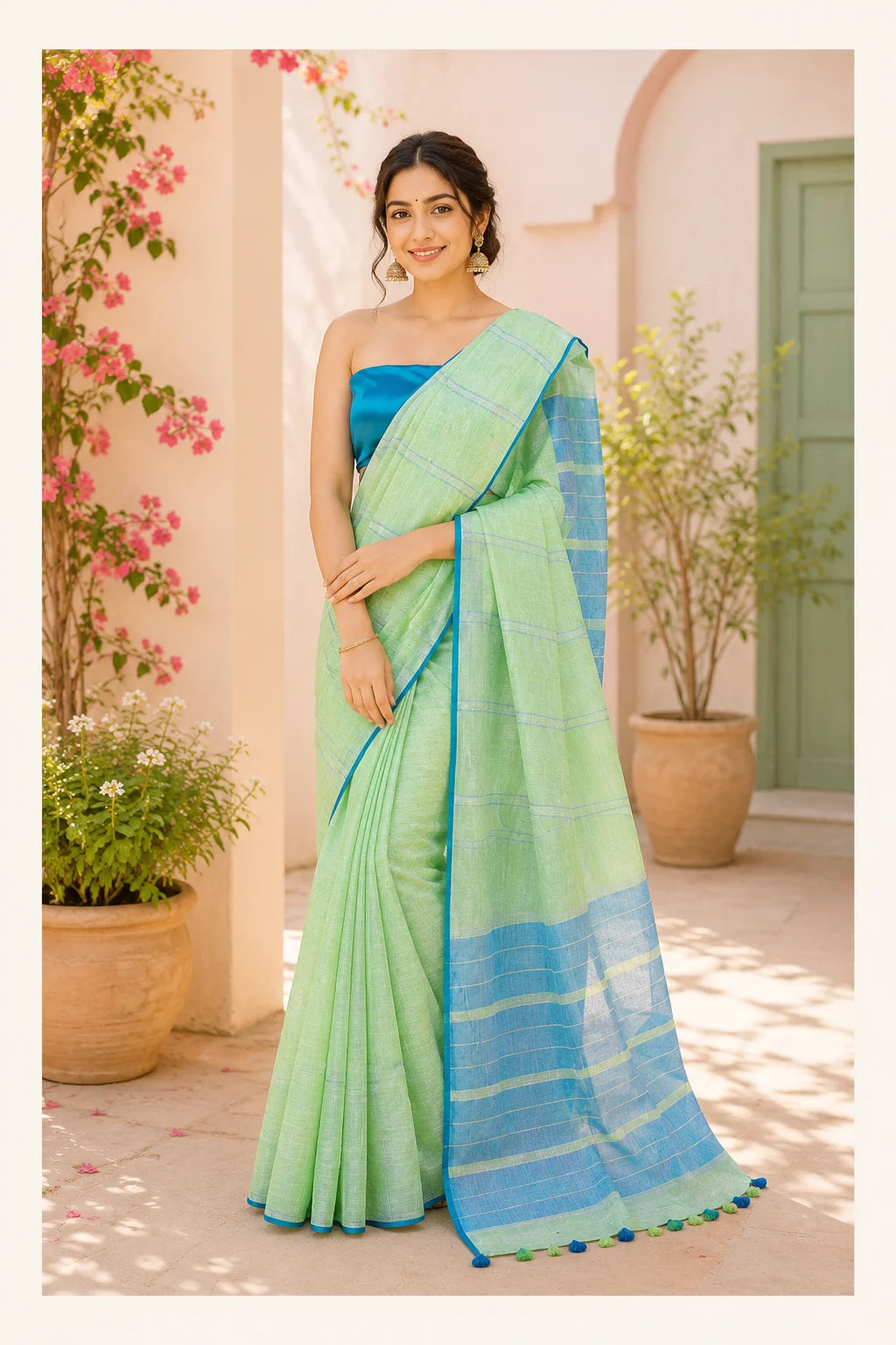Pista Green & Blue Stripes Pure Linen Saree