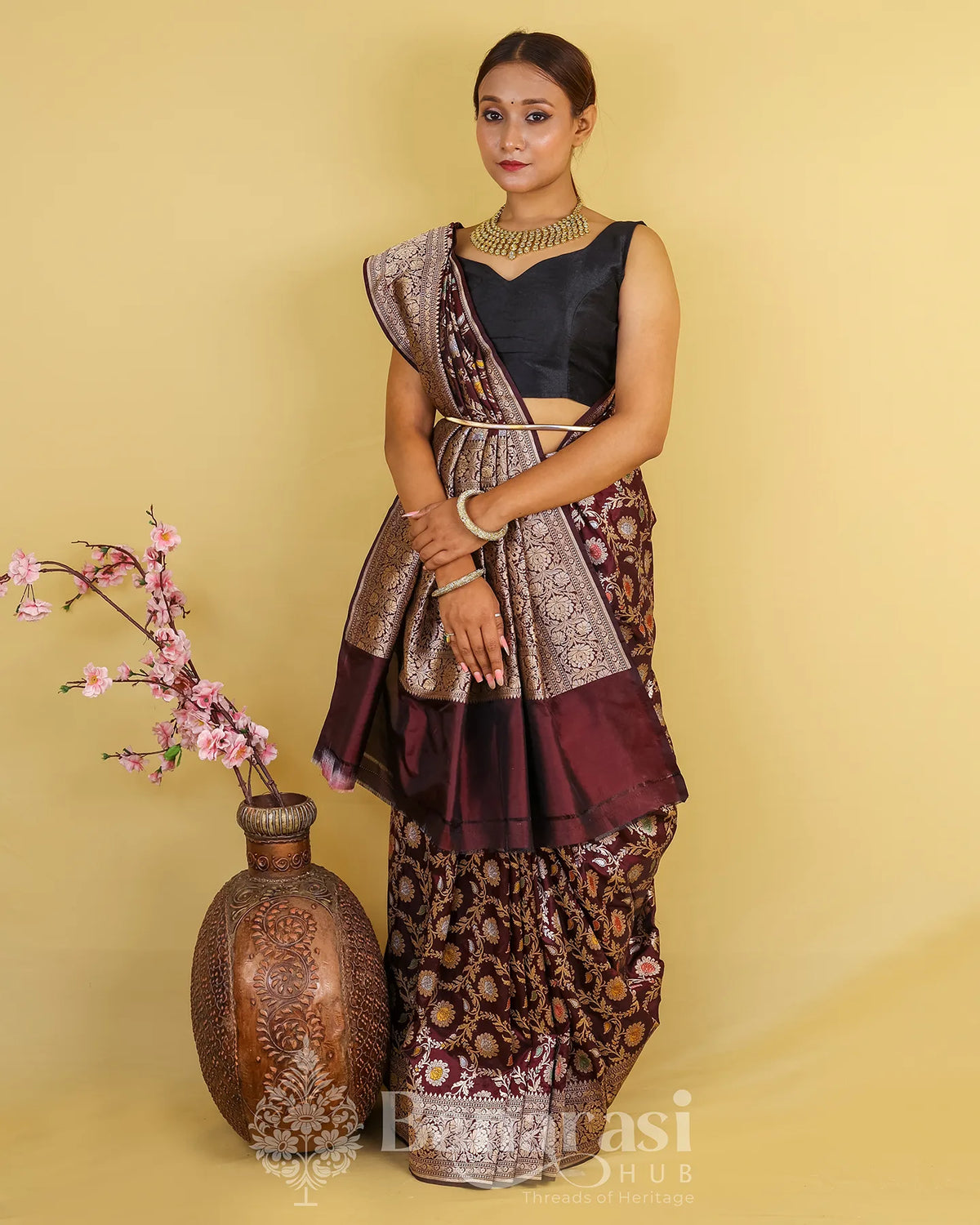 Brown Floral HandWoven Katan Banarasi Silk Saree