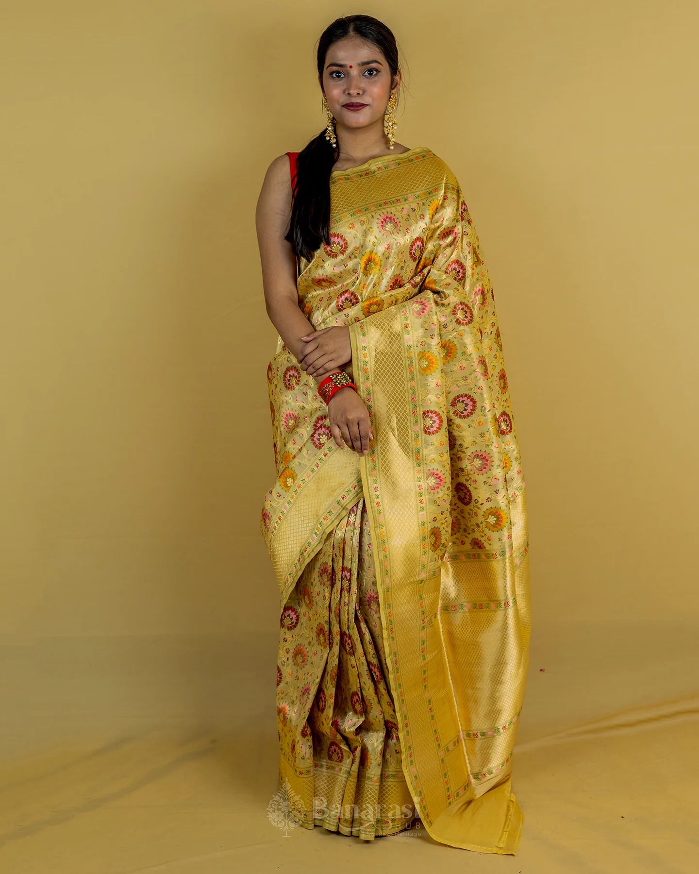 Beige Multi Resham Weaving Tissue katan Banarasi Silk Saree