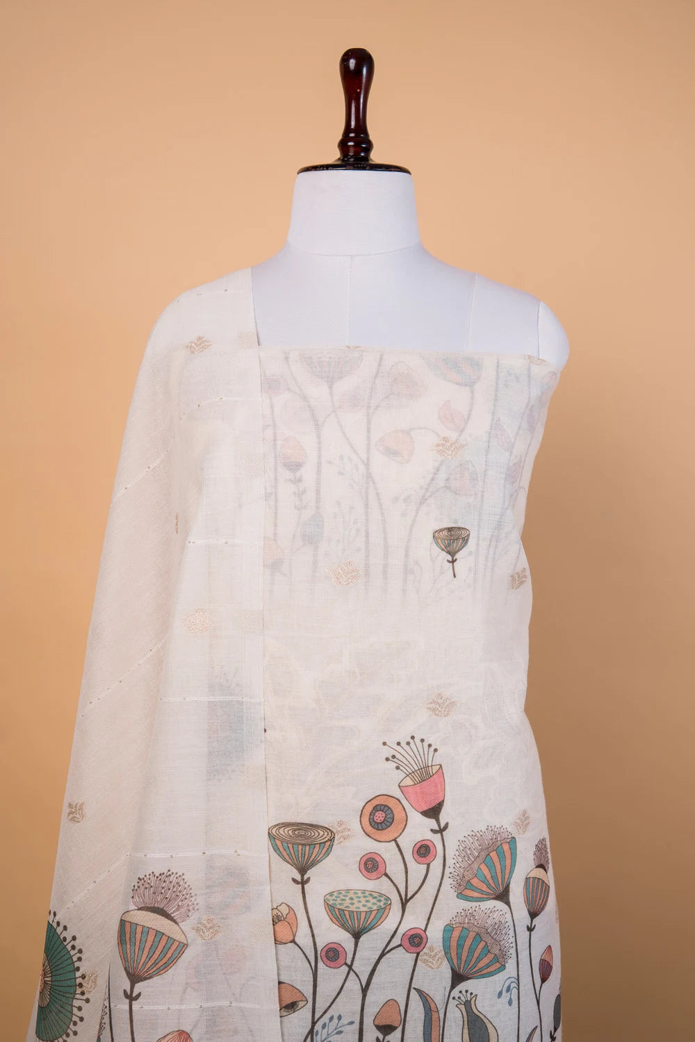 Cream Digital Print Cotton Jamdani Suit