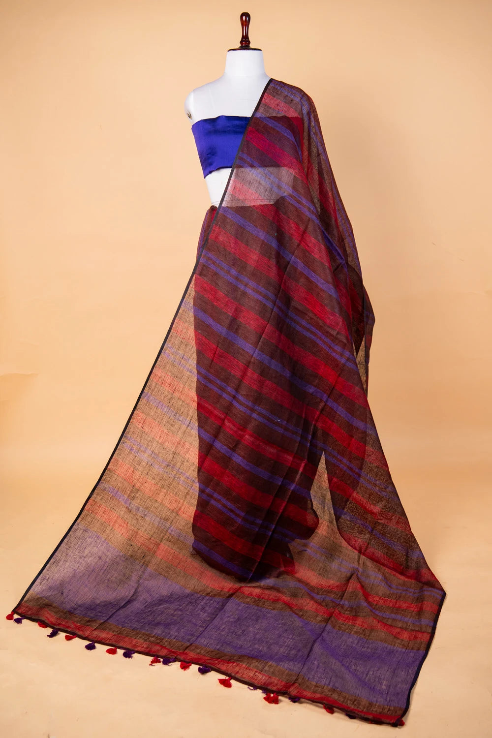 Maroon & Brown Striped Pure Linen Saree