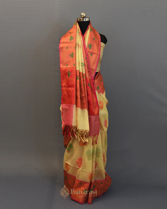 Beige Multi Color Woven Cotton Banarasi Saree