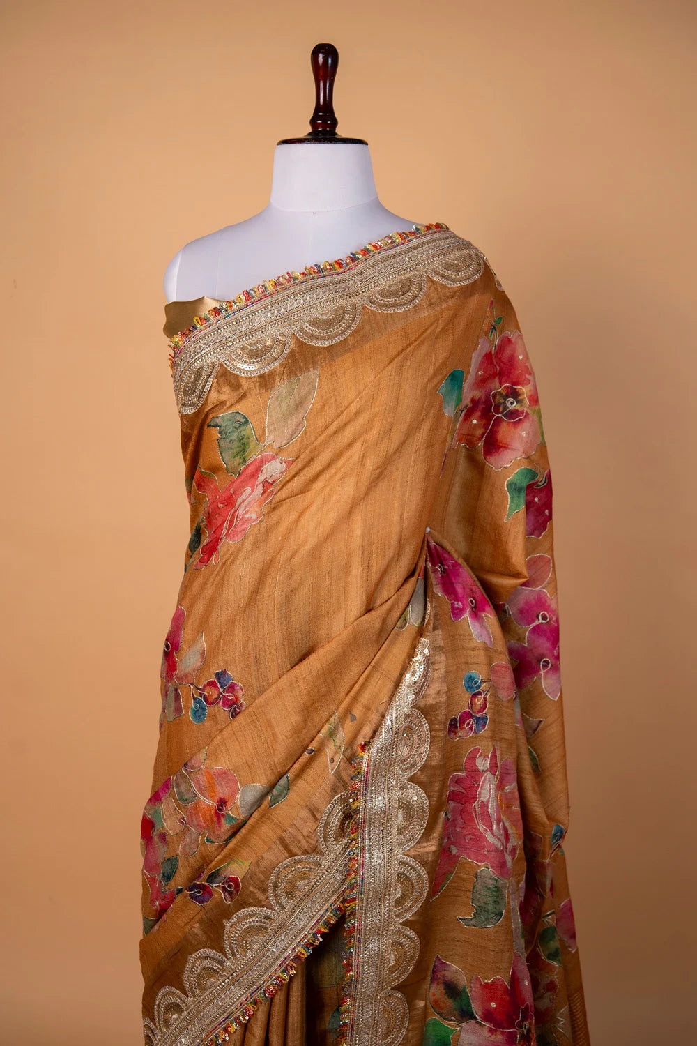 Beige Floral Embellished Tussar Silk Saree
