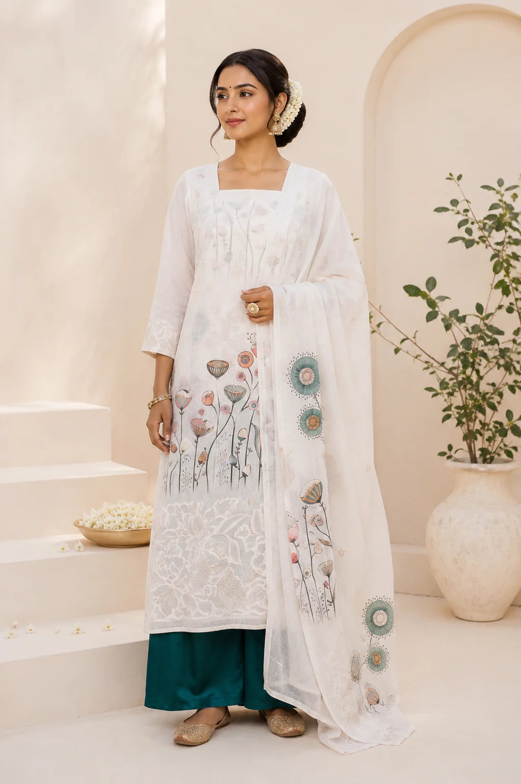 Cream Digital Print Cotton Jamdani Suit