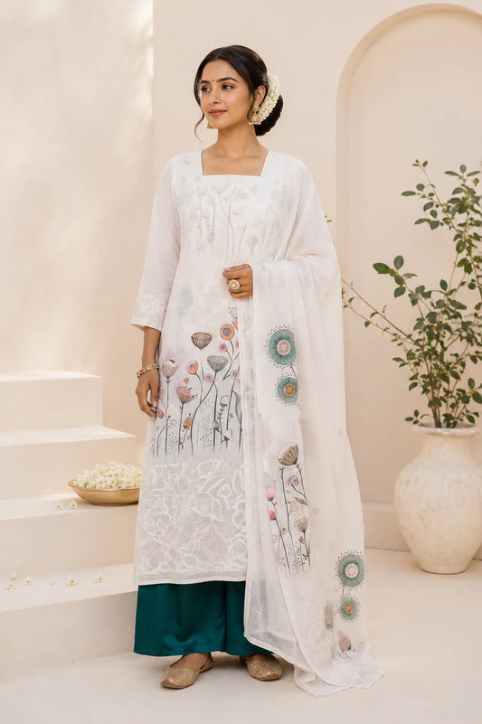 Cream Digital Print Cotton Jamdani Suit