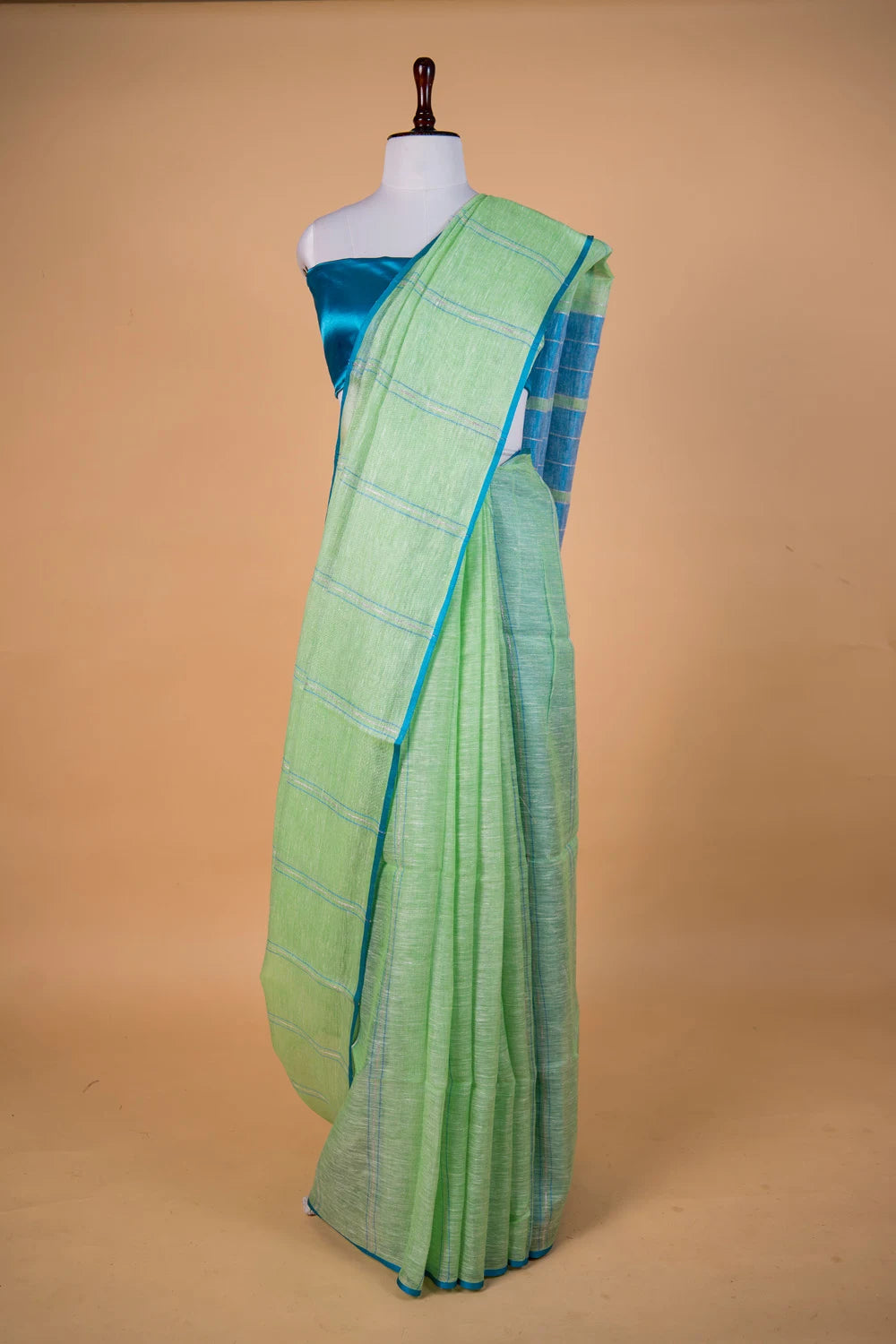 Pista Green & Blue Stripes Pure Linen Saree