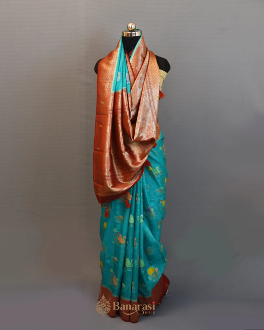 Sea Green & Maroon Floral Woven Fancy Banarasi Saree