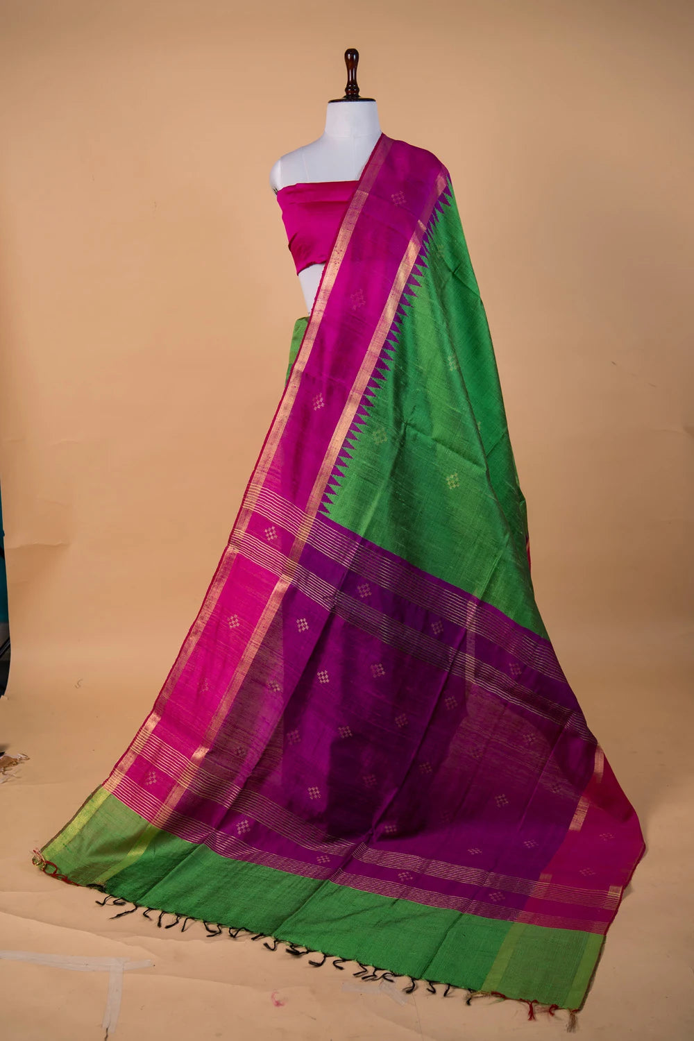 Bright Green Zari Buta Raw Silk Saree