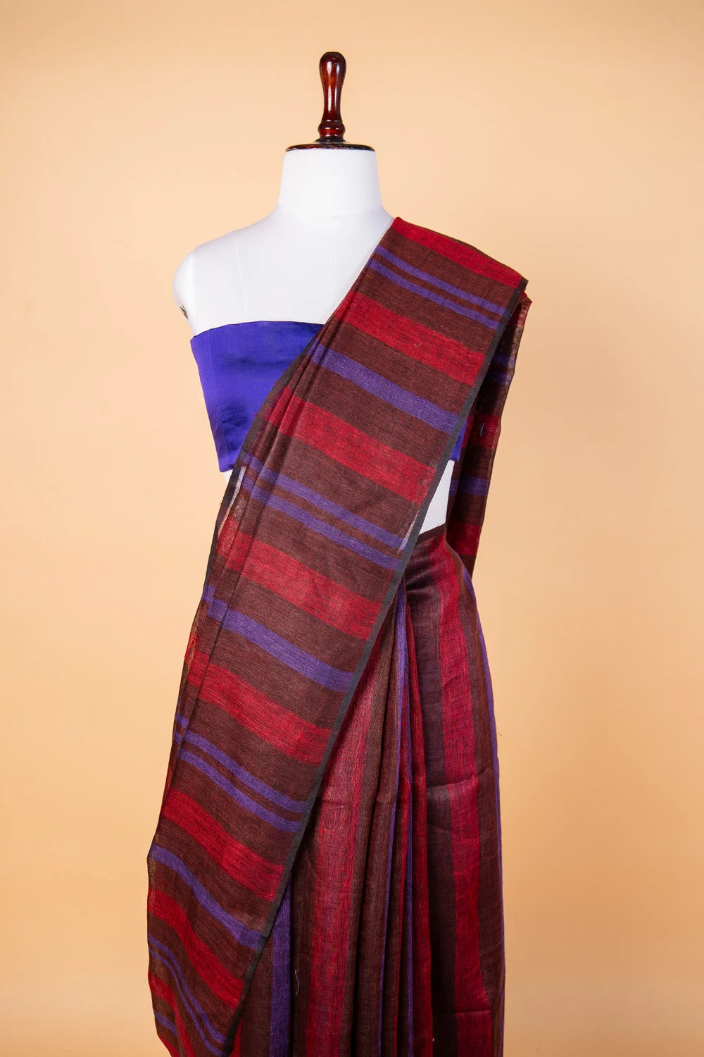 Maroon & Brown Striped Pure Linen Saree