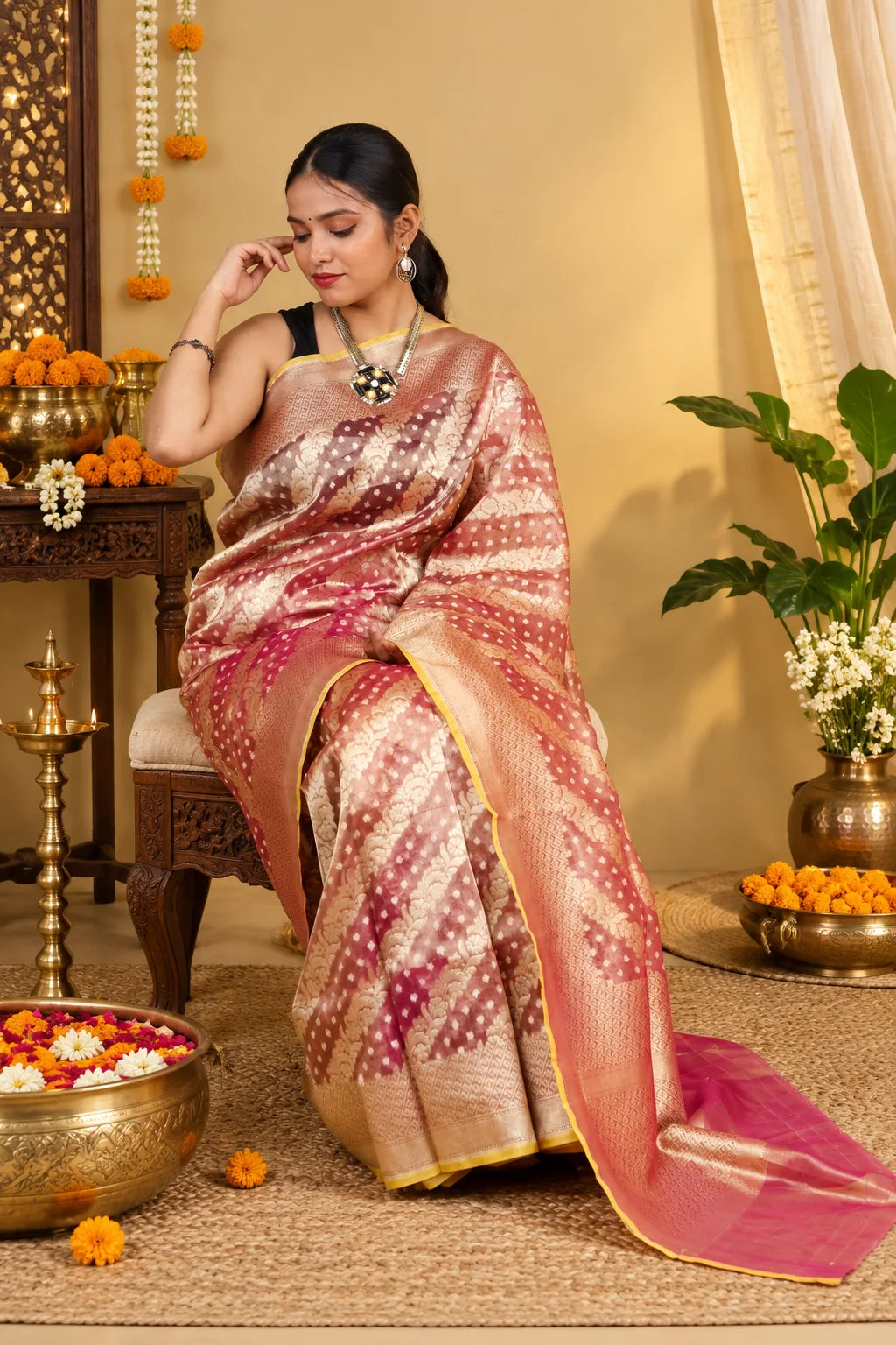 Golden Metallic Purple Tissue Banarasi Silk Saree