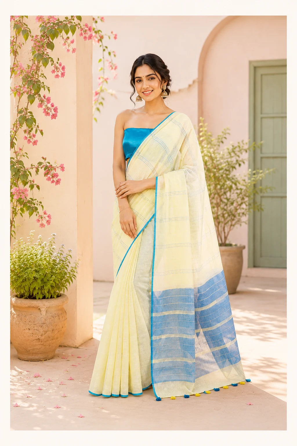 Yellow & Blue Stripes Pure Linen Saree