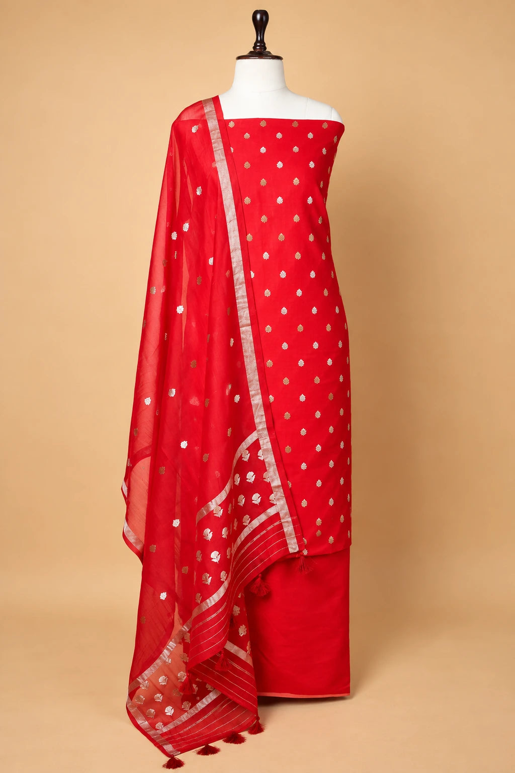 Red handwoven Chiniya Silk Suit Set