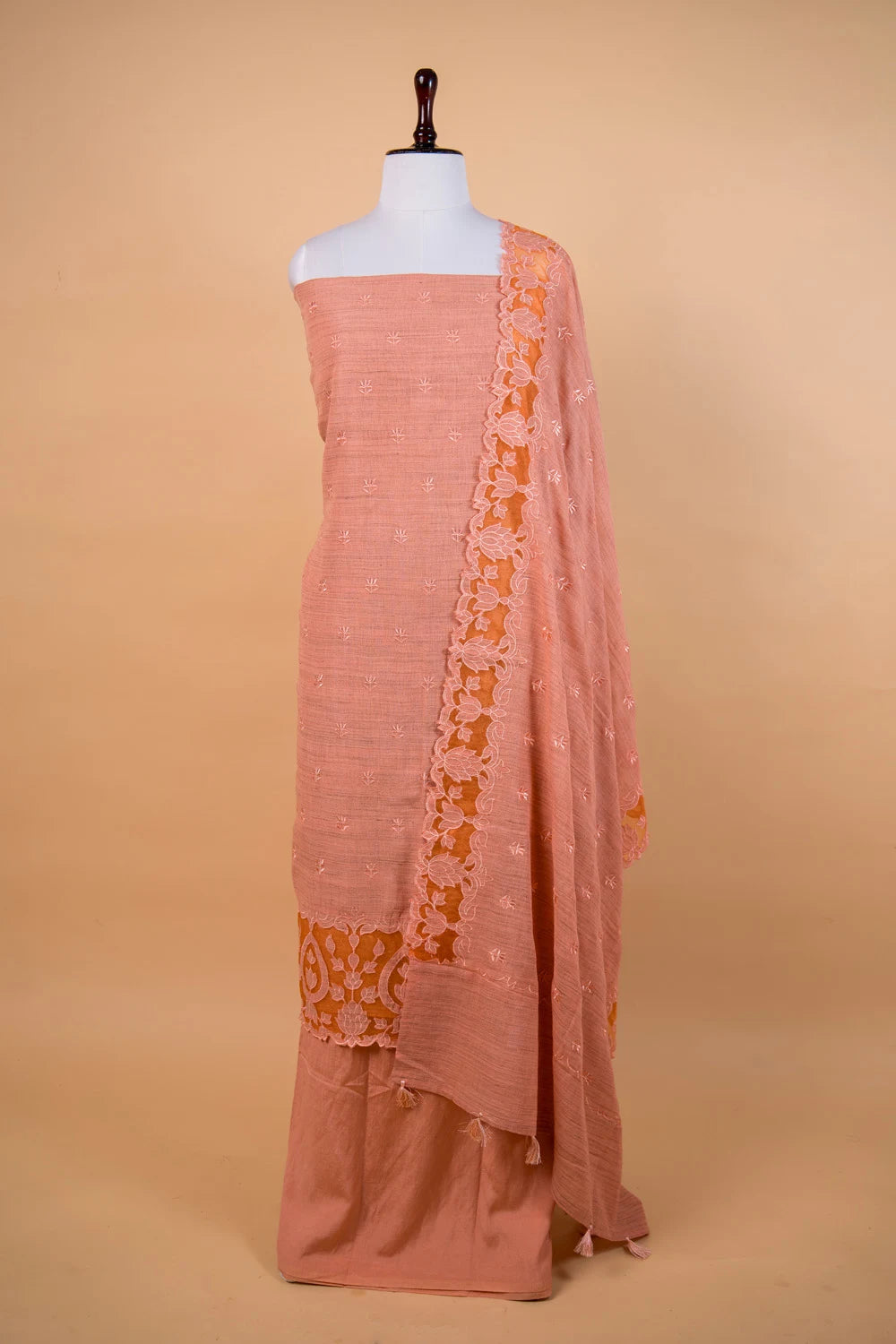 Peach Cut Work Matka Linen Suit