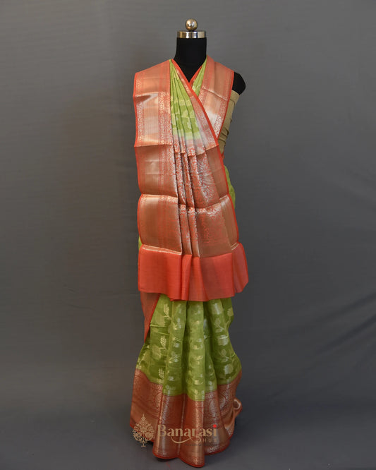 Pista Green Floral Zari Weaving Chanderi Silk Saree
