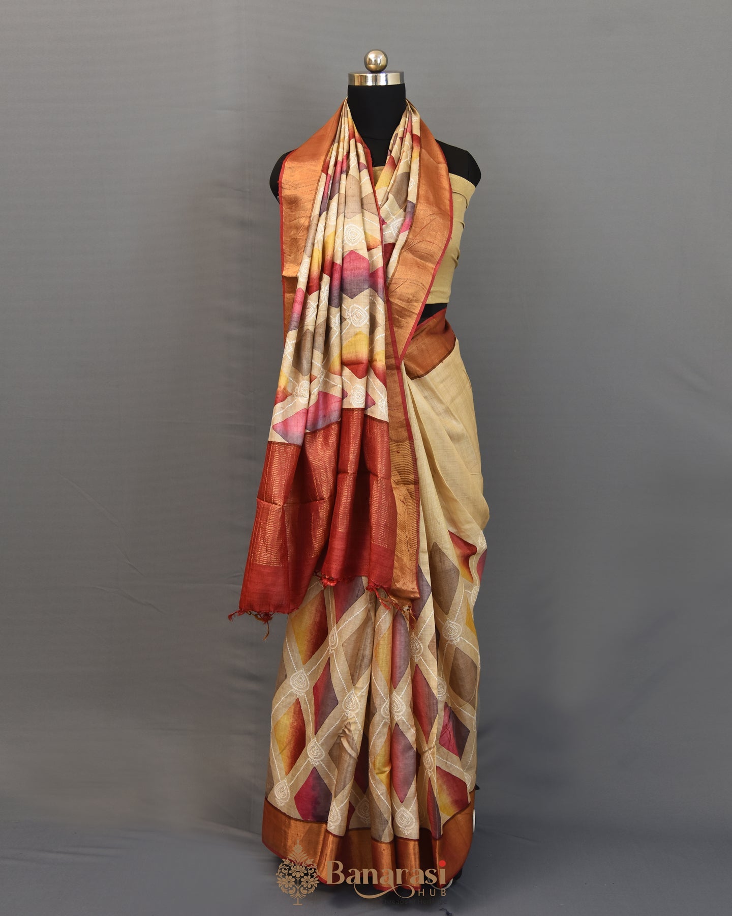 Beige & Pink chikankari digital print tussar silk saree